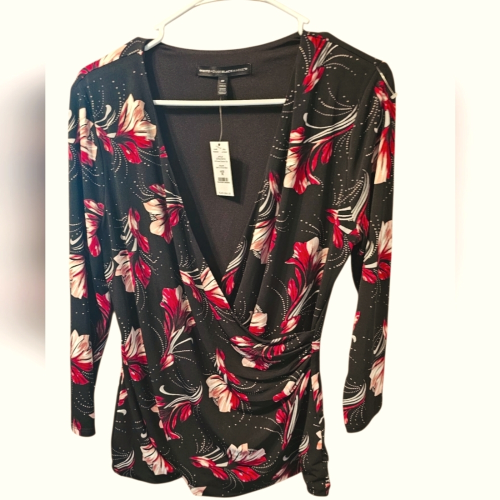 White House Black Market Black and Red Floral Blouse
